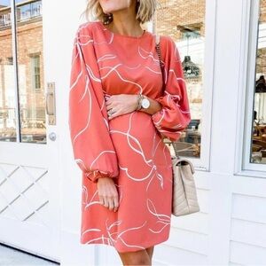 A New Day Peach colored dress with white design and balloon sleeves- worn once